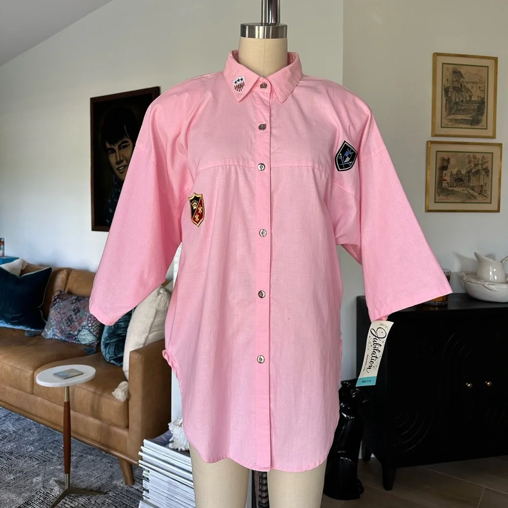 NWT’s Vintage 80’s Bubblegum Pink Button-Up Shirt with Patches - Picture 1 of 16